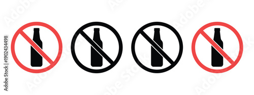 No alcohol sign icon set, prohibition symbol, no drinking warning