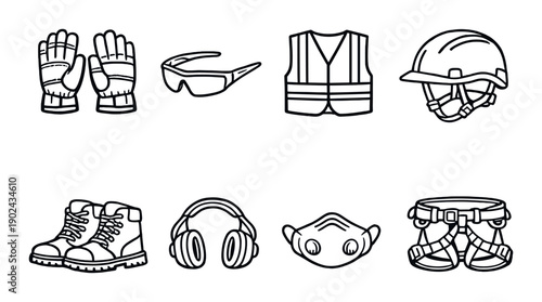 Essential safety gear: gloves, glasses, vest, helmet, boots, headphones, mask, harness