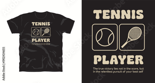 Tennis player t-shirt design with ball and racket icons in minimalist retro style