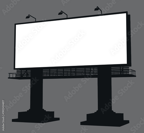 Silhouette of a large blank billboard with lights on a grey background, for advertising or outdoor promotion