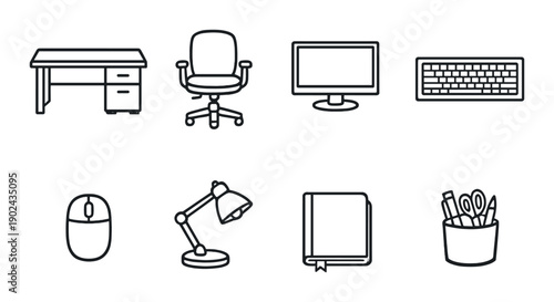 Office desk essentials: chair, monitor, keyboard, mouse, lamp, notebook, supplies