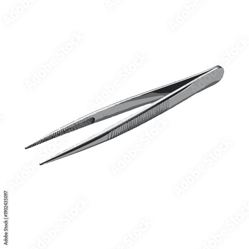 Detailed illustration of precise stainless steel tweezers isolated against a stark white background for professional use