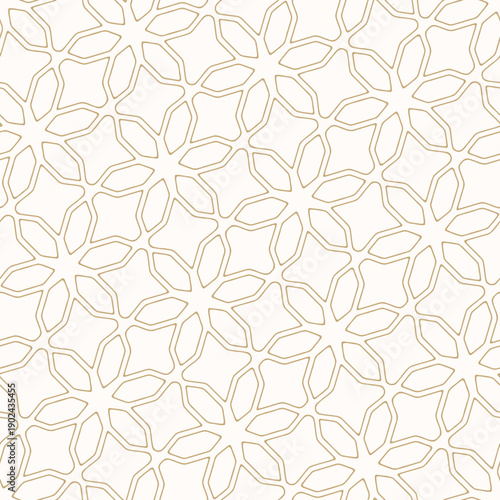 Luxury vector geometric seamless pattern in oriental style. Abstract gold and white ornamental lines texture, diagonal floral lattice, grid, diamonds. Modern minimal golden background. Subtle ornament