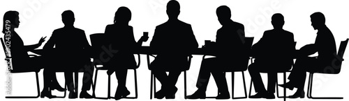 Business meeting silhouettes showing corporate team discussion at conference table with professionals talking and working, office boardroom teamwork and negotiation concept isolated 