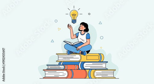 Young Woman Sitting on Books with Lightbulb Symbolizing Creative Idea and Learning