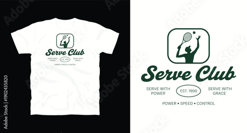 Serve themed sports apparel design with tennis player silhouette and racket