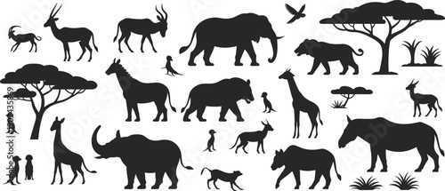 African wildlife animal silhouettes collection featuring safari mammals birds trees nature vector illustration isolated on white background