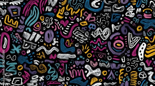 Colorful abstract graffiti art mural with vibrant doodles and urban street style on black background
