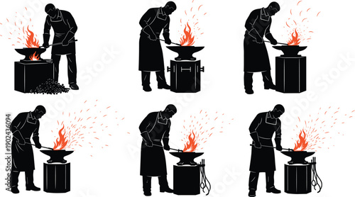 Blacksmith forging iron silhouettes collection, anvil hammer sparks, metal workshop industry, traditional craftsmanship, hot steel shaping, smith worker illustration set