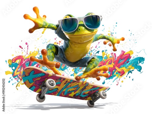 Playful Frog Skateboarding with Sunglasses and Colorful Splashes