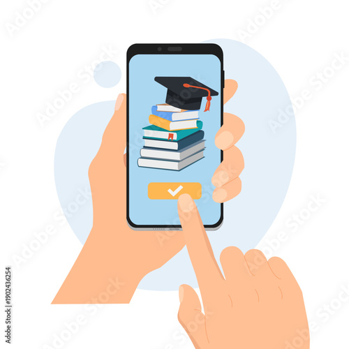 Hand holding smartphone with choosing ebooks reading. Digital education, e-lerning, online courses, online library