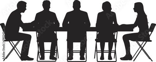 Business meeting silhouettes showing corporate team sitting at table for discussion and negotiation, professional office conference teamwork concept with people talking isolated on white background.