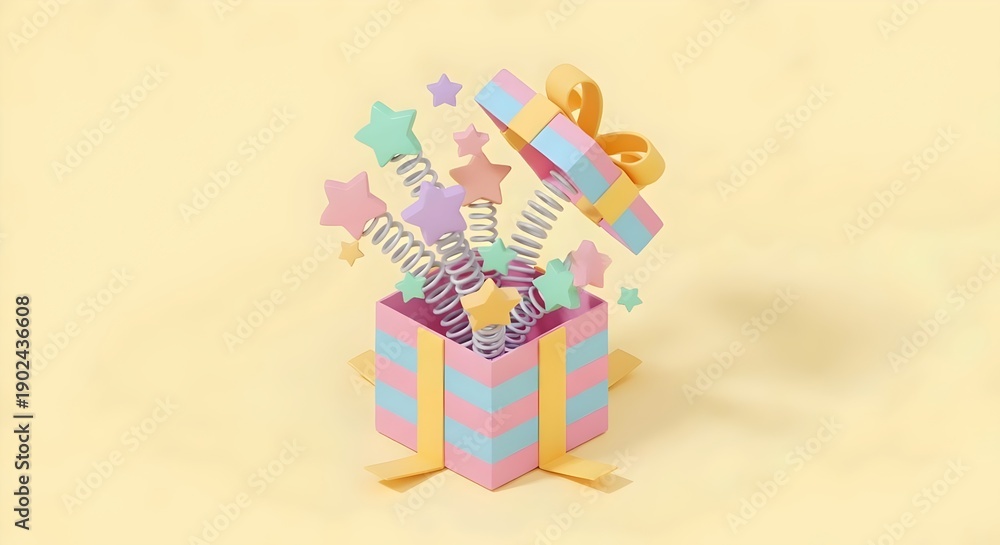 Fototapeta premium Isometric 3D surprise gift box with spring stars