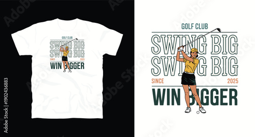 Golf sport t-shirt design with golf player girl, golf bat and typography swing big since 2025