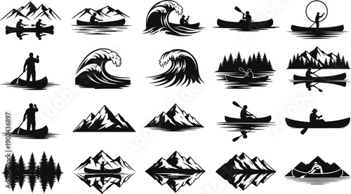 Canoe kayaking adventure silhouettes set, mountains waves forest reflections, outdoor water sport exploration, wilderness travel landscape illustration collection design