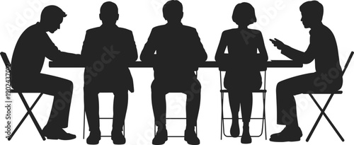 Business meeting silhouettes showing corporate team sitting at table in discussion, negotiation and brainstorming, professional office conference teamwork concept isolated on white background.