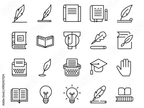 Minimalist icons for education and writing on white background