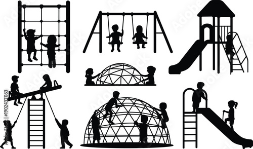 Children playground silhouette set with kids playing on swing, slide, seesaw, climbing net, and dome jungle gym, outdoor park activity icons isolated on white.