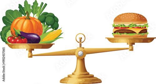 Healthy vegetables versus fast food burger on scale illustration, diet balance nutrition choice concept, lifestyle comparison design artwork