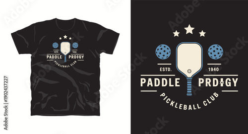 Professional paddle prodigy pickleball emblem with retro typography on black background