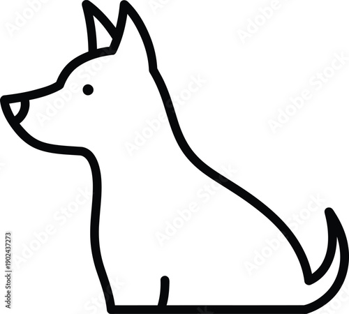 A simple black and white line drawing of a dog sitting and looking to the left.