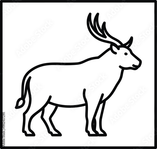 Simple line drawing of a deer with large antlers inside a square frame.