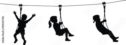 Children playing on zip line silhouette, outdoor playground adventure activity, happy kids having fun, childhood recreation concept illustration isolated on white background.