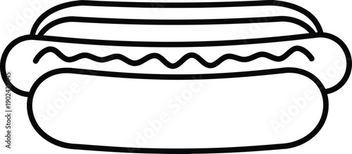 A simple line drawing of a hot dog in a bun with ketchup.