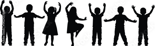 Kids silhouettes children playing jumping dancing happy childhood fun active boy girl illustration collection isolated