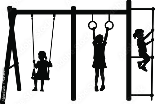 Children playing on playground silhouette with swing set, gymnastic rings and climbing ladder, active kids outdoor recreation concept illustration isolated on white background.