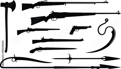 Historical weapon silhouettes collection featuring antique firearms swords axes spears pistols melee weapons vector illustration isolated on white background