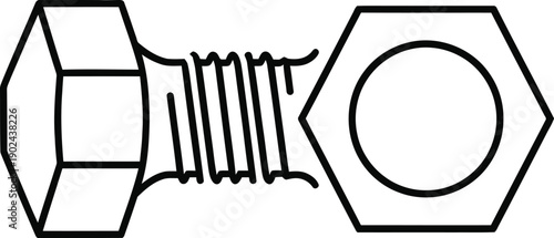 A simple line drawing of a bolt with a hexagonal head and nut.