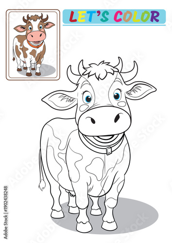 Cow coloring page for kids featuring a standing cow with clear outlines. Cartoon animal illustration for children coloring, education, and learning fun. Main object and background are separated