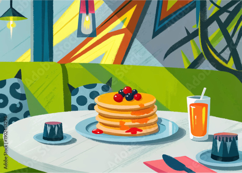 pancakes american food cuisine restaurant dining table meal gourmet traditional travel tourism culture culinary dish indoor hospitality breakfast syrup maple brunch