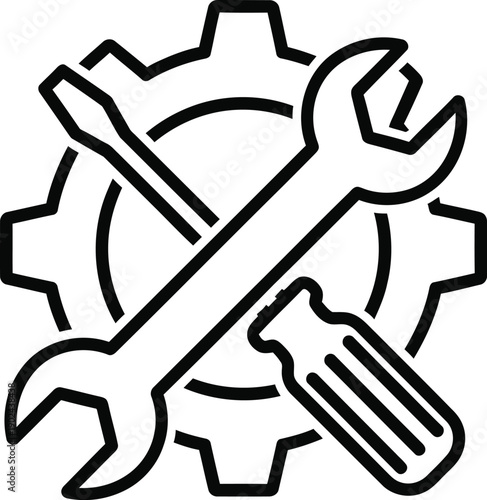 A simple line drawing of a screwdriver and wrench crossed over a gear.