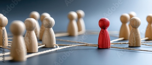 Wooden figures and matches on blue surface show a network with one red figure in the center connecting to others