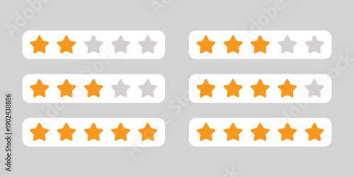 Product rating icon set, customer review gold stars, app UI UX interface, flat design symbol, web banner button, user feedback vector illustration