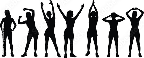 Group of people exercising silhouette set, men and women doing stretching workout poses, fitness training and healthy lifestyle concept illustration isolated on white background.