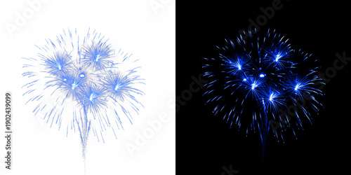 Brilliant blue fireworks illuminate sky with transparent background and in a dark setting ideal for festive celebrations