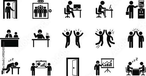 Office workplace icons set, employees working meeting presentation success teamwork business activity illustration collection design artwork
