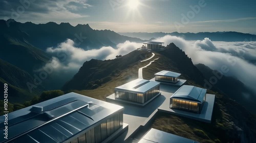 aerial shot of sleek silver pavilions aligned along a mountain ridgeline