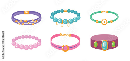 Set of colorful bracelets in cartoon style. Vector illustration of jewelry for ladies with precious stones and metals on white background.