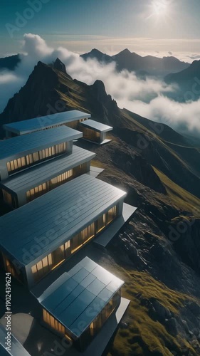 aerial shot of sleek silver pavilions aligned along a mountain ridgeline