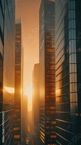 aerial shot gliding between futuristic glass skyscrapers during golden hour