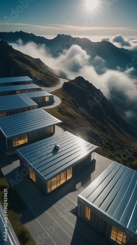 aerial shot of sleek silver pavilions aligned along a mountain ridgeline