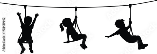 Kids playing on zip line silhouette, children enjoying outdoor playground activity, happy childhood recreation adventure concept illustration isolated on white background.