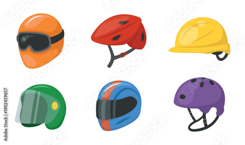 Set of colorful helmets in cartoon style. Vector illustration of protection for motorcyclists and cyclists on white background.