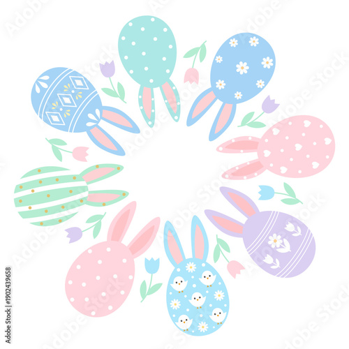 Round Easter wreath of  eggs with rabbit ears and spring flowers. Festive floral frame for holiday greetings