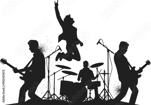 Rock band silhouette illustration featuring jumping singer guitarists drummer live concert music performance isolated on white background vector graphic design