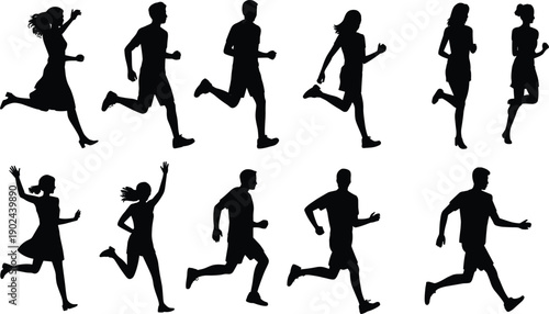 Set of running people silhouettes, men and women jogging in different poses, fitness training and healthy lifestyle concept illustration isolated on white background.